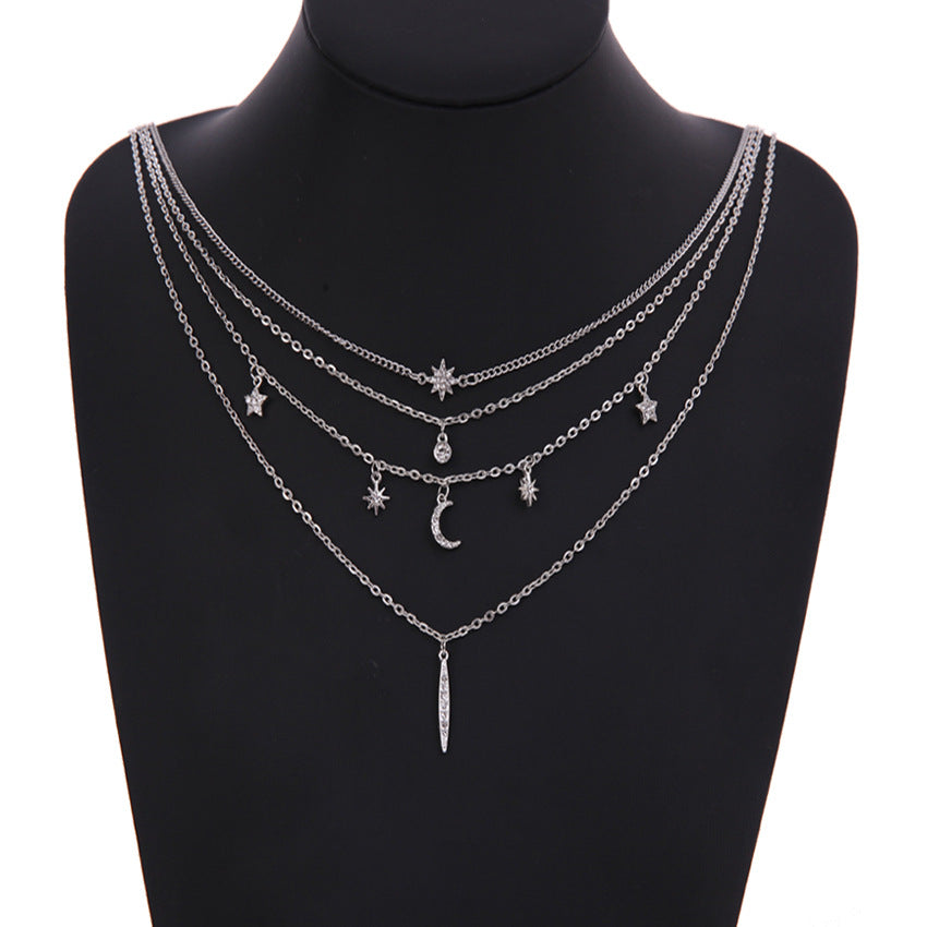 Trendy Multilayer Pendant Necklace Moon Star Bar Chain Charm