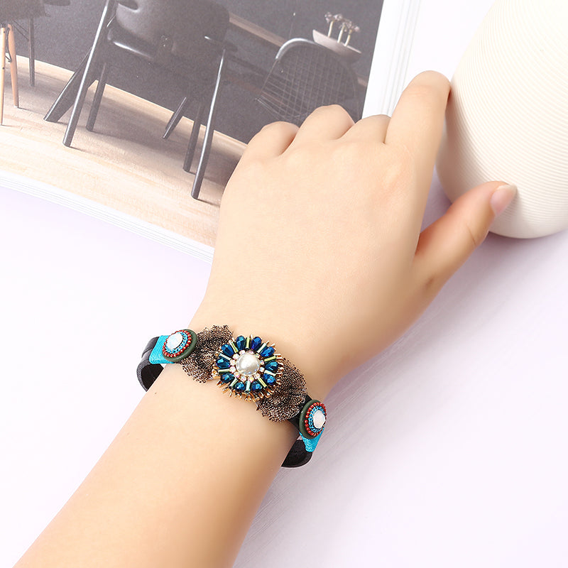 Bohemian Bracelet Gold Plated Flower Charm Leather Bangle Boho Jewelry for Women Girl Gift