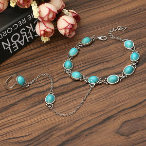 Bohemian Blue Turquoise Ring Bracelet Vintage Alloy Chain Bracelet Women Jewelry