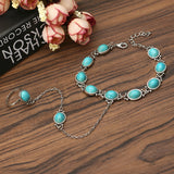 Bohemian Blue Turquoise Ring Bracelet Vintage Alloy Chain Bracelet Women Jewelry