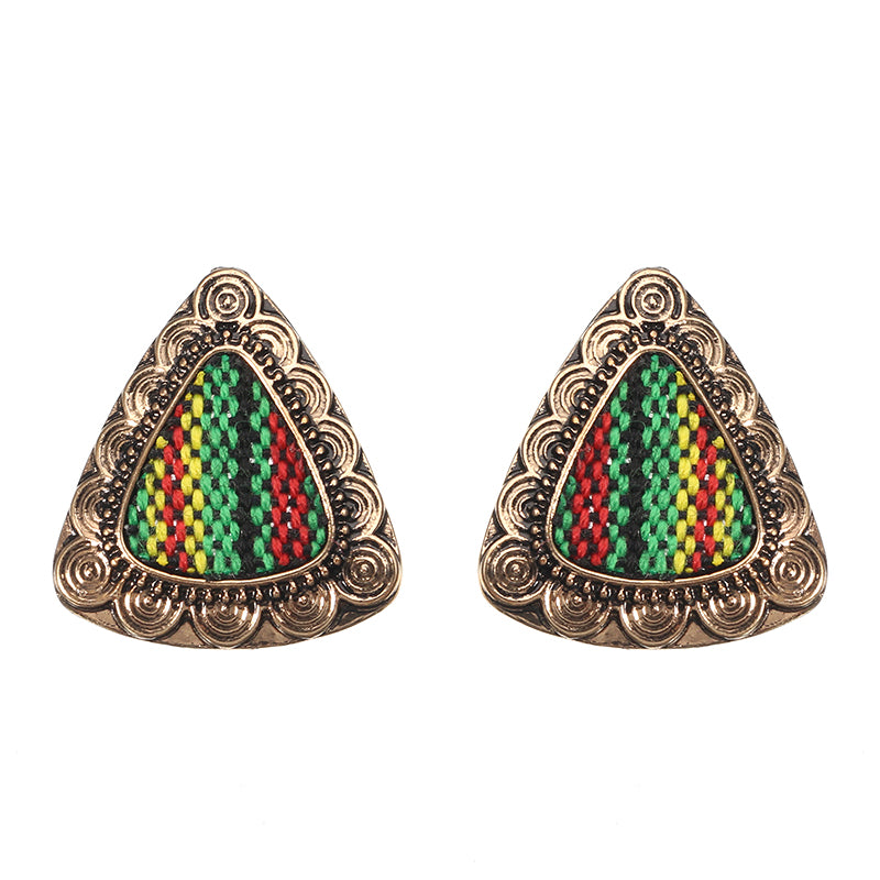 Retro Ethnic Colorful Cloth Triangle Alloy Ear Stud Women Earrings