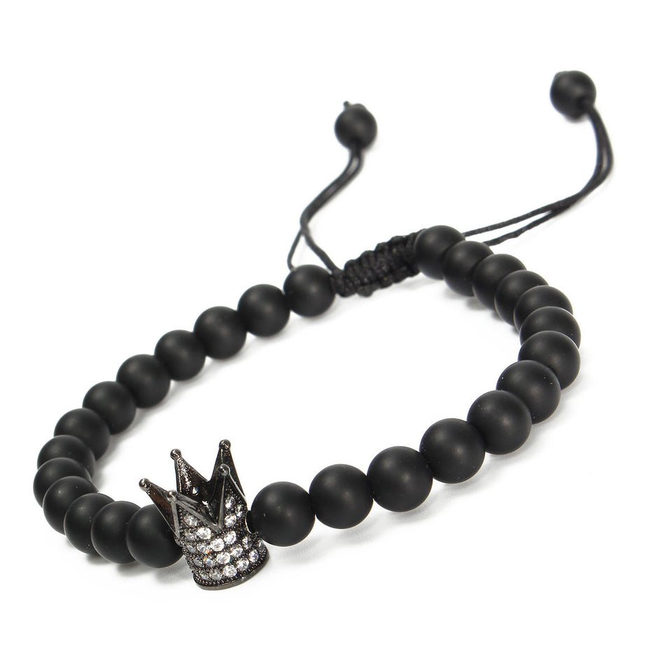 Unisex Black Matte Onyx Crown Crystal Beads Bracelet Jewelry