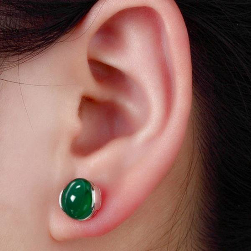 Silver Plated Lady Round Green Agate Earrings Elegant Gemstone Ear Stud Chinese Style for Women