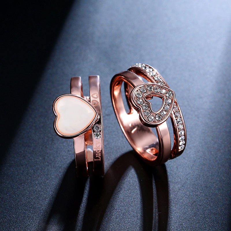 2pcs Heart Shape Enamel Rhinestone Rose Gold Engagement Ring Fine Jewelry for Women