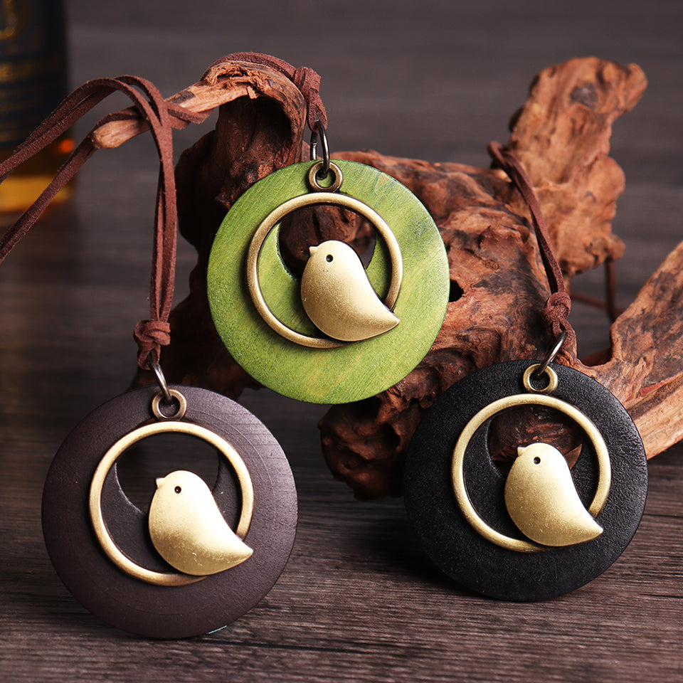 Vintage Round Wood Plate Pendant Necklaces