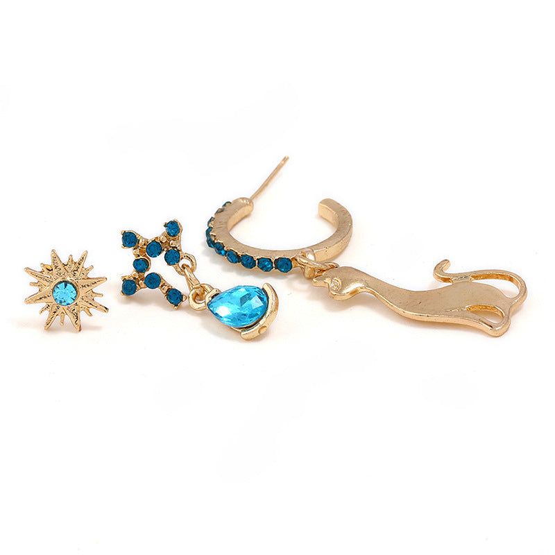 3 Pcs/set Cute Cat with Stars Blue Rhinestone Earring Set