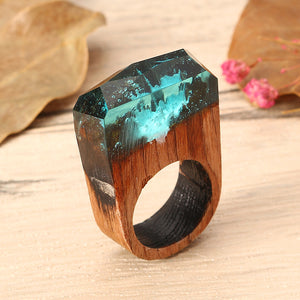 Creative Secret Forest Handmade Blue Snowscape Charm Wood Ring Unisex Jewelry Unique Gift