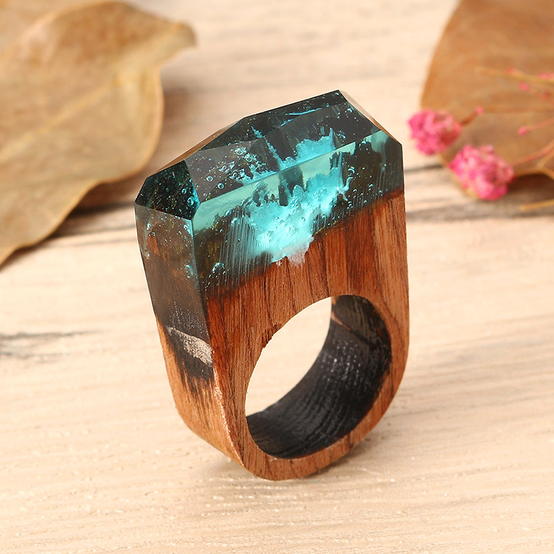 Creative Secret Forest Handmade Blue Snowscape Charm Wood Ring Unisex Jewelry Unique Gift