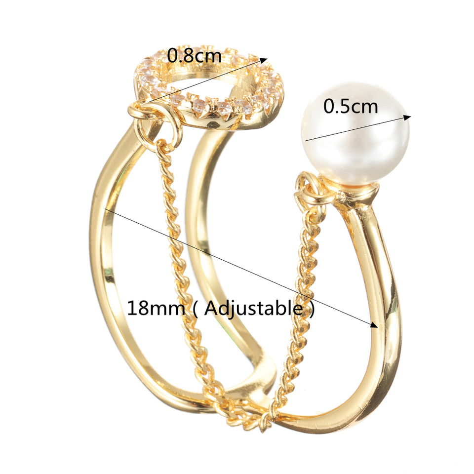 Trendy Open End Ring 18K Gold Plated Zirconia Round Pearl