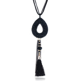 Retro Oval Rhinestone Pendant  Velvet Tassels Long Necklace