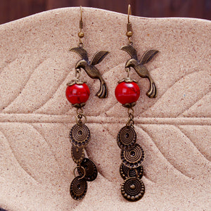 Vintage Red Turquoise Bird Ear Drop Bronze Earrings