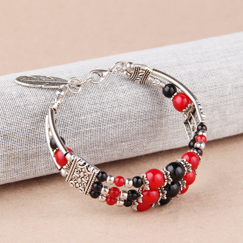 Ethnic Colorful Beads Tibetan Silver Leaf Women Bracelet