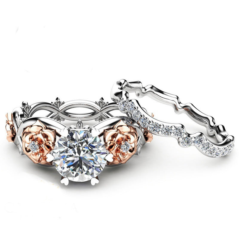 Zircon Inlaid Rose Gold Flower Heart Platinum Ring Set