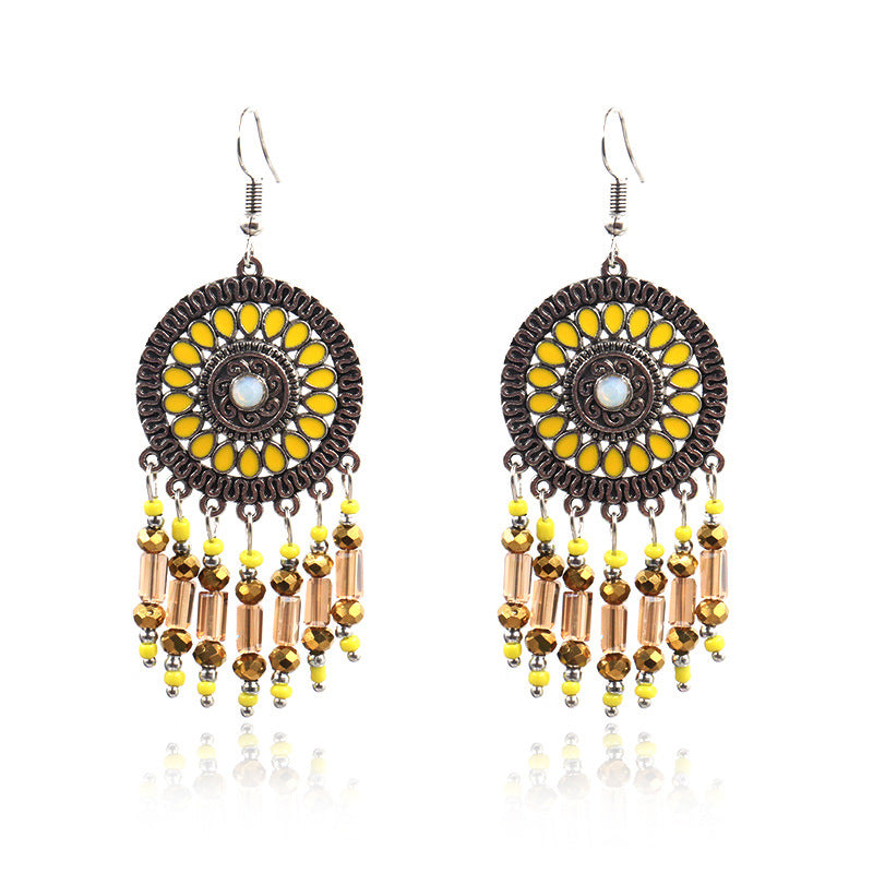 Bohemian Sunflower Earrings Round Geometric Beads Ear Drop