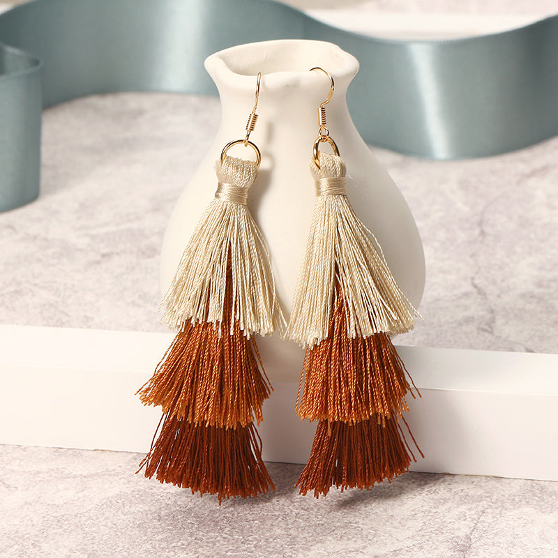 Women's  Bohemian Tassel Earrings Hand-made Three Layers Different Color Ear Drop Unique Gift 