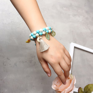 Bohemian Turquoise Beads Bracelet Shell Leaf Tree Tassel