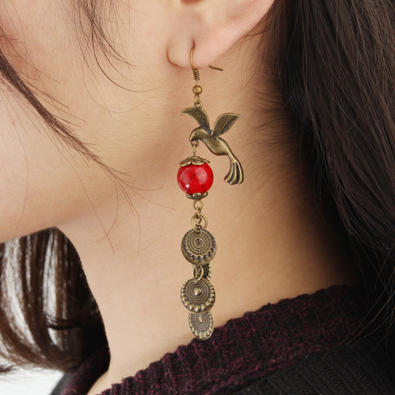 Vintage Red Turquoise Bird Ear Drop Bronze Earrings