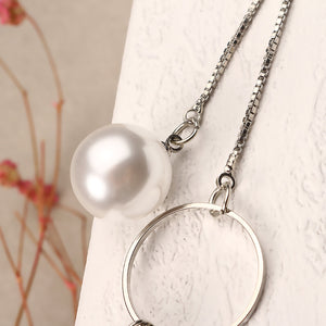 Elegant Pearl and Rhinestone Cube Hoop Pendant Silver Plated Tassel Long Necklace for Women