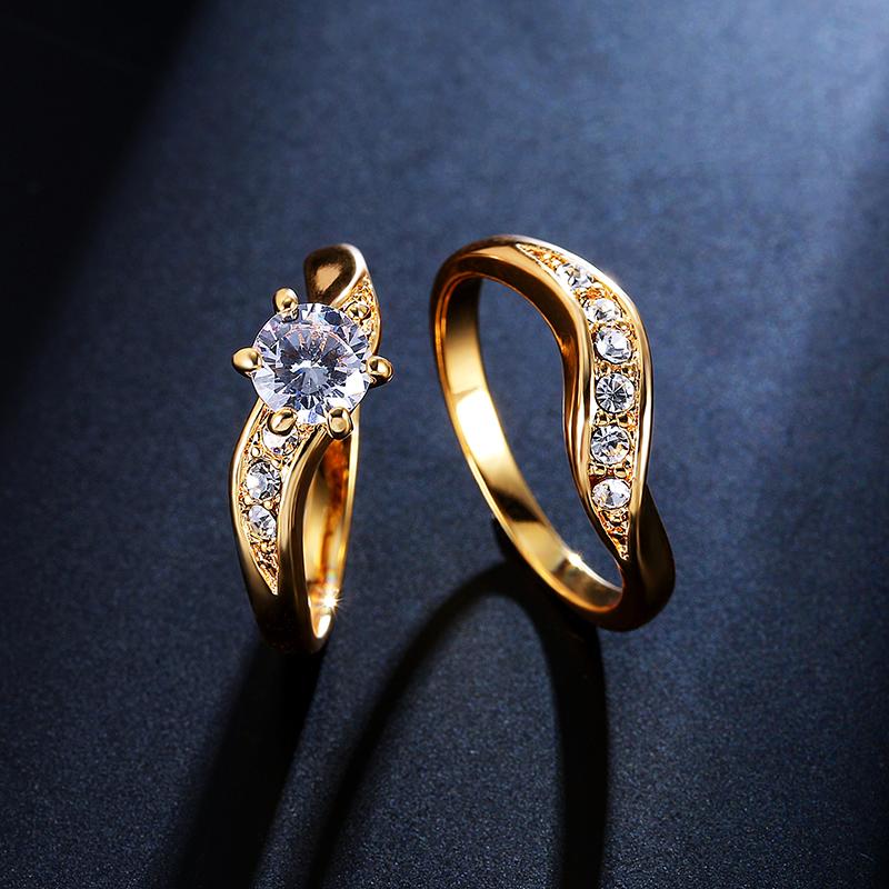 2pcs Gold Plated Finger Ring Inlay Zircon Crown Six-prong Ring Set Women Fine Jewelry