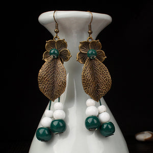 Vintage Leaves Flowers Copper Ceramic Bead Drop Earrings