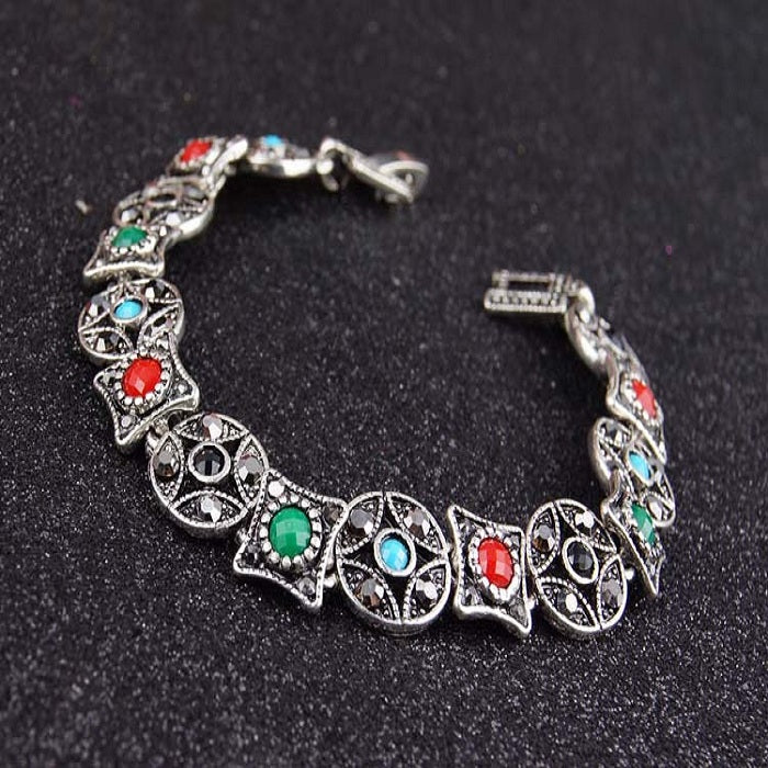 Bohemian Silver Ruby Bracelet Ancient Coin Shape Multicolor