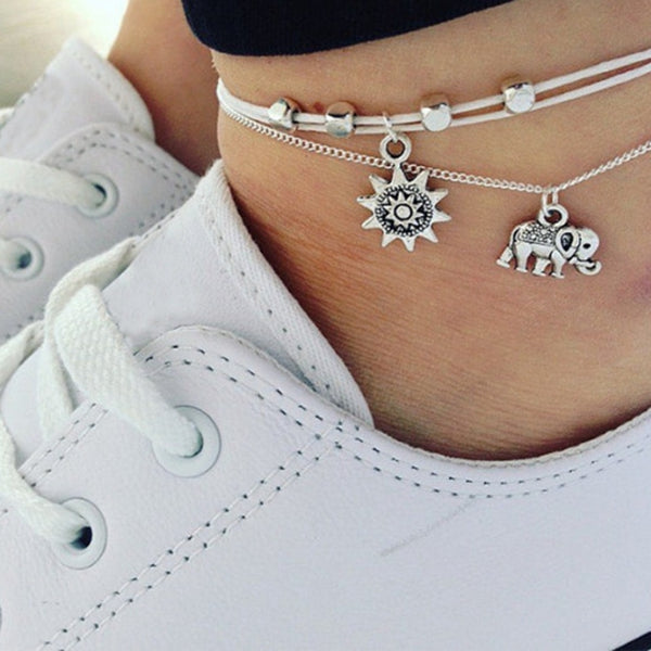 Vintage Multilayer Elephant Sun Charm Anklet Bohemian