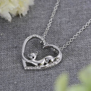 Women Heart Crystal Silver Necklace Lovely Cat Chain Jewelry Gift