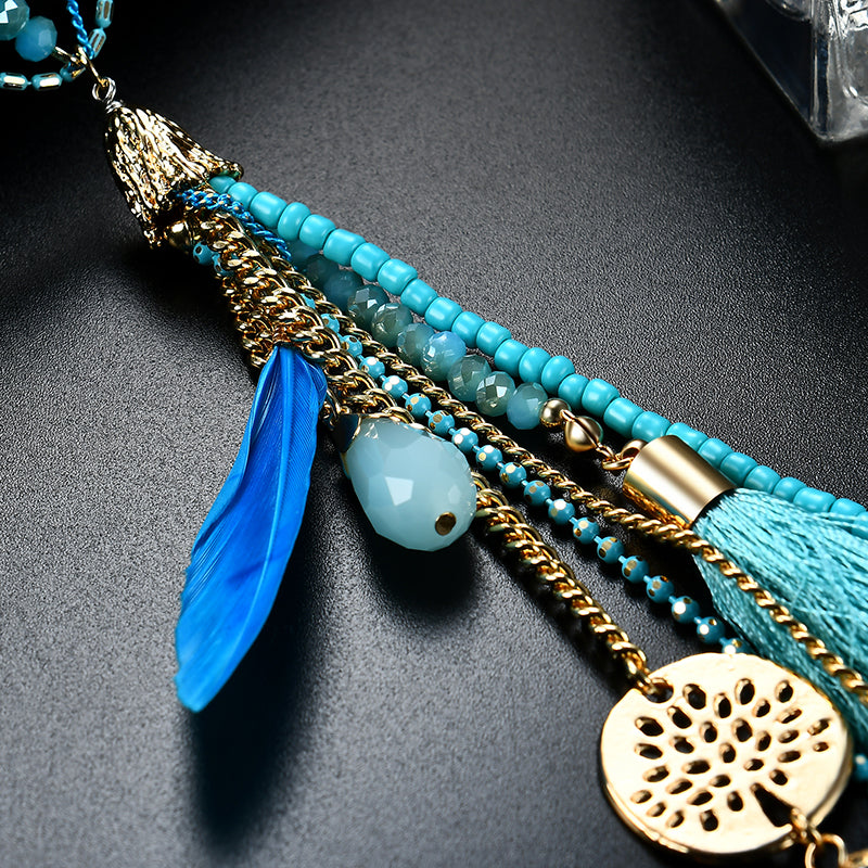 Bohemian Green Crystal Beads Pendant Chain Feather Tassel Long Necklace for Women 