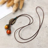 Retro Ceramic Colorful Beads Ball Leaf Leather Rope Necklace