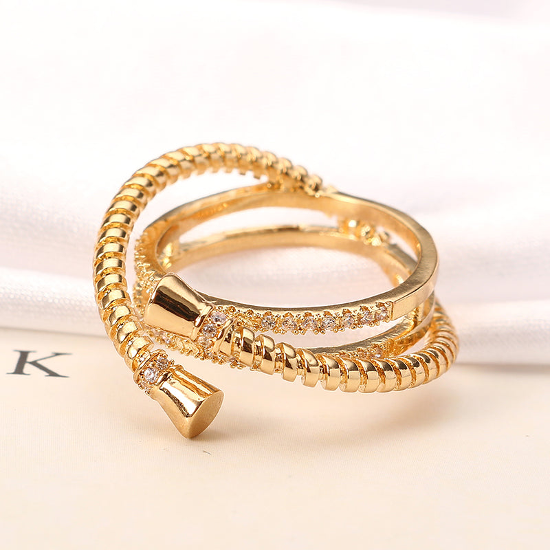 Luxury Sterling 24K Gold Plated Unique Screw Thread Three Round Overlapping Rings Women Jewelry