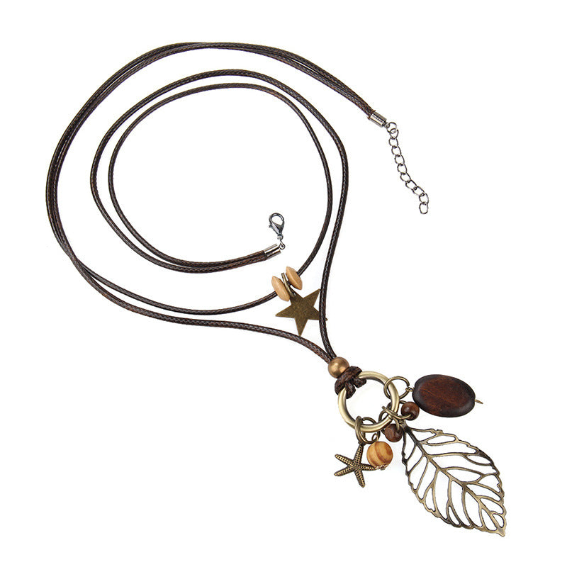 Leaf Pendant Wood Star Charm Wax Rope Long Women's Necklace