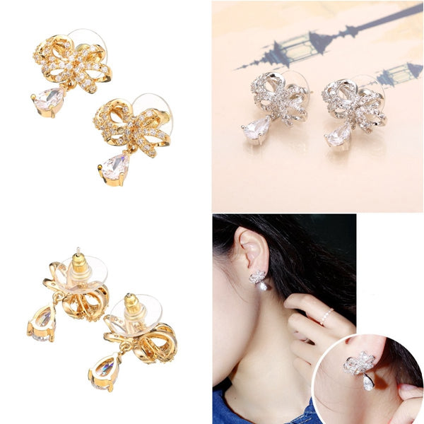 Sweet Bowknot Water Drop Zircon Ear Stud Earrings For Women