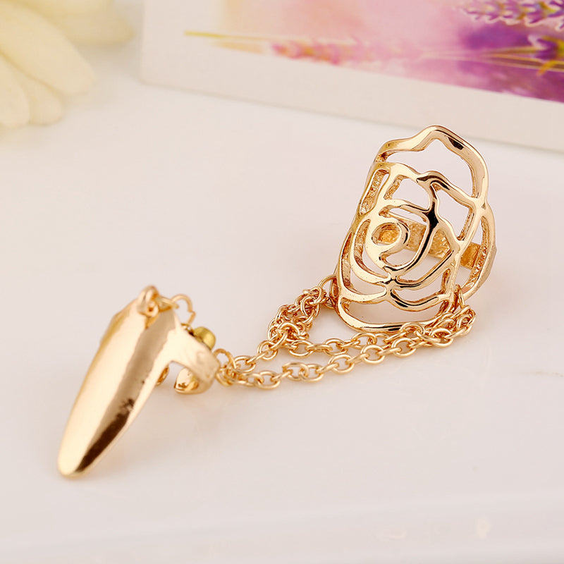 Silver Gold Hollow Rose Ring Alloy Rhinestone Nail Ring Jewelry for Women