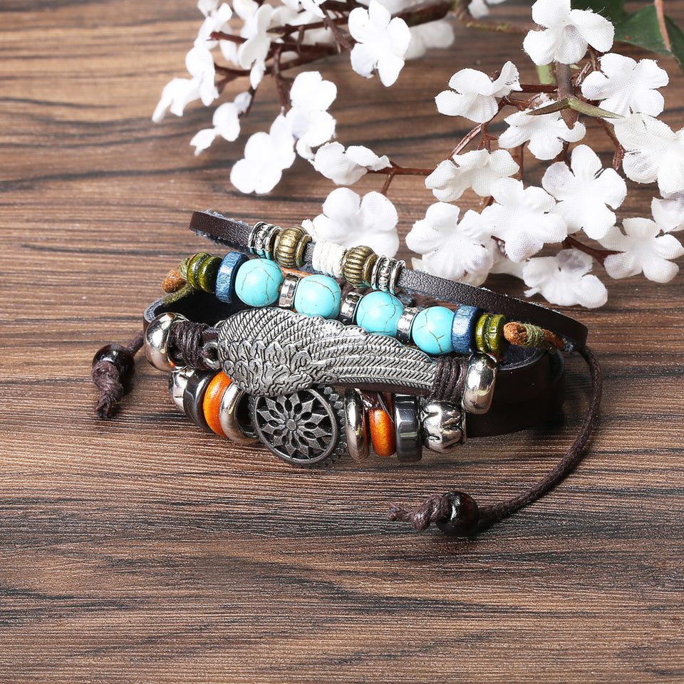 Adjustable Black Braided Leather Bracelet Multilayer Weave