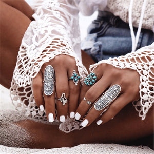 9PCS Boho Style Silver Vintage Ring Women Geometry Finger Ring Set 