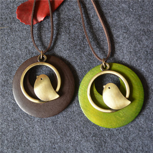 Vintage Round Wood Plate Pendant Necklaces