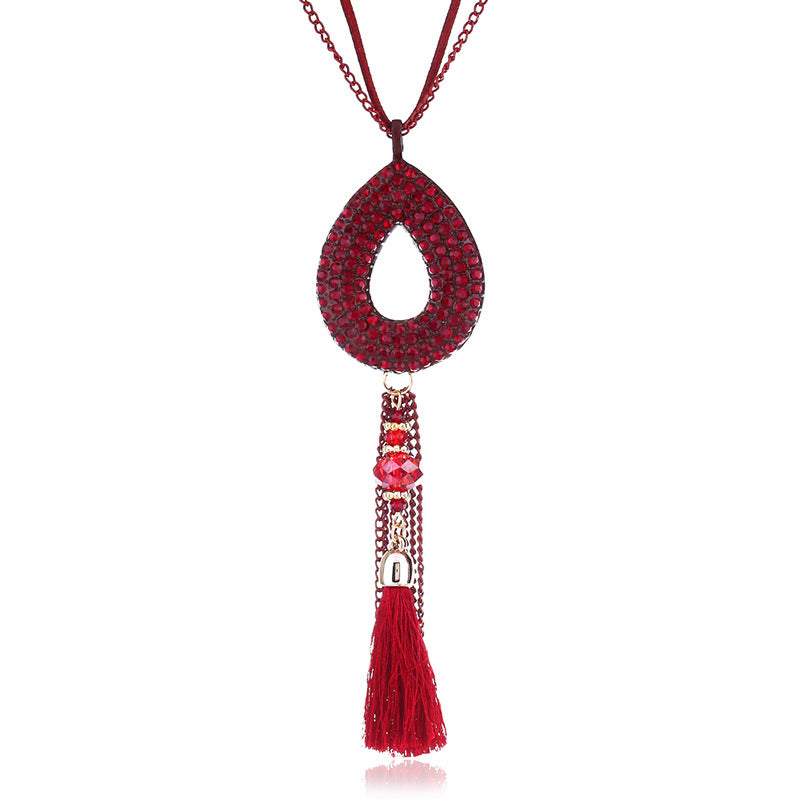 Retro Oval Rhinestone Pendant  Velvet Tassels Long Necklace