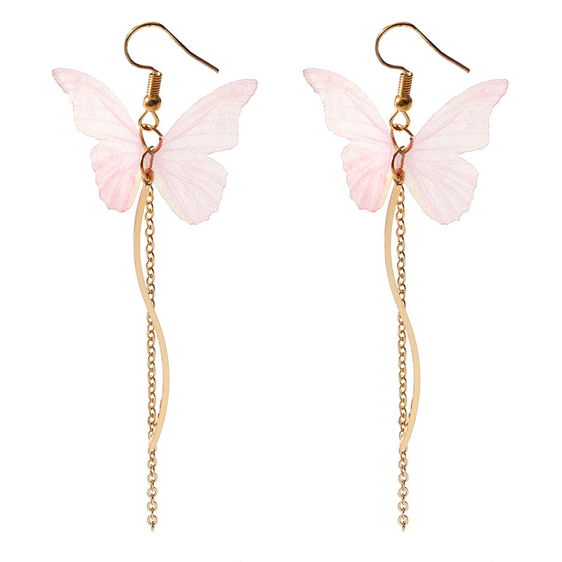 Sweet Pink Butterfly Arc Line Tassel Pendant Ear Clip Drop Earrings Fashion Jewelry for Women 