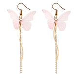 Sweet Pink Butterfly Arc Line Tassel Pendant Ear Clip Drop Earrings Fashion Jewelry for Women 