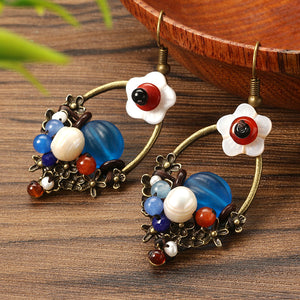 Ethnic Bead Earrings Tassel Flower Agate Ear Drop Jewelry for Women