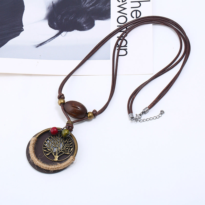 Women's Vintage Tree Wood Bead Long Leather Pendant Necklace