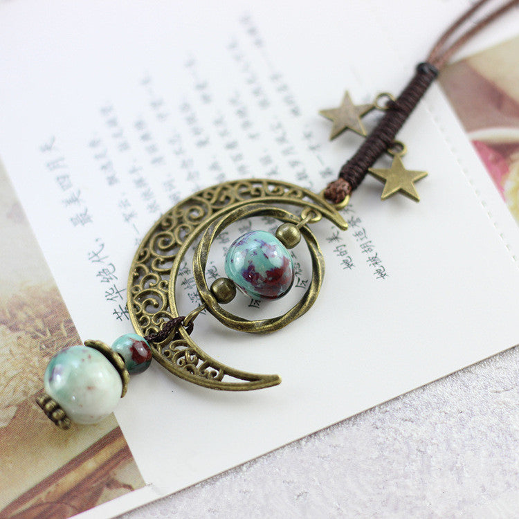 Vintage Star Moon Necklace Ethnic Ceramic Adjustable Pendant