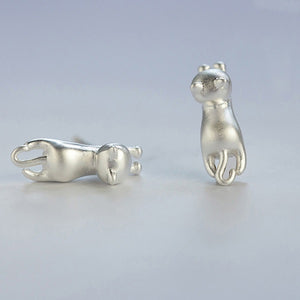 Lovely 925 Sterling Silver Platinum Animal Small Cat Ear Stud Earrings