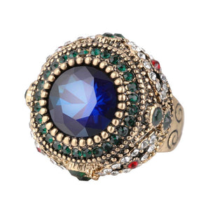 Bohemian Blue Rhinestone Finger Ring Ethnic Gold Plated Ring