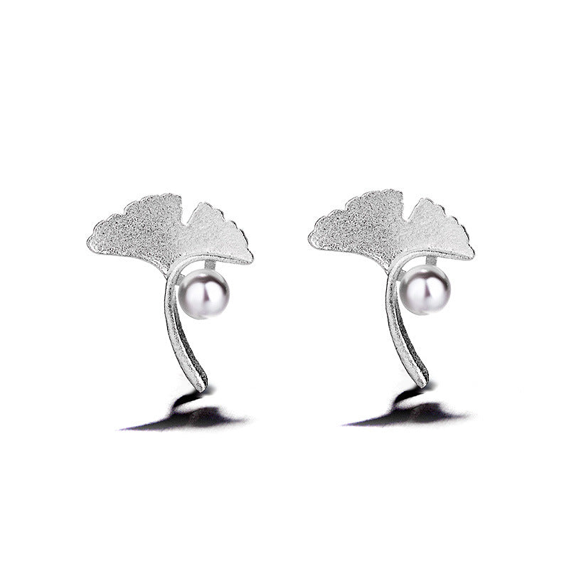 Sweet Trendy Silver Apricot Leaf Pearl Stud Earrings