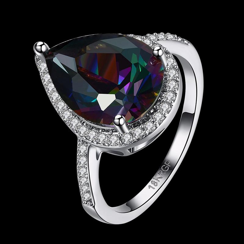 Sweet Wedding Ring Fashion Platinum Plated Water Drop Rainbow Zircon Women Finger Ring 