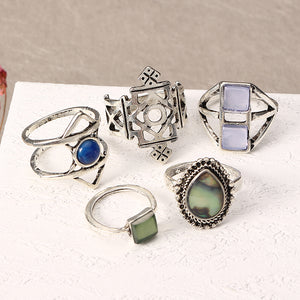 5 Pcs Stylish Bohemian Geometric Alloy Resin Ring Set Jewelry for Women