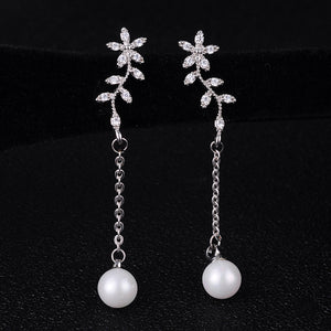 Temperament Flowers Pearl Earrings Long Zircon 925 Silver