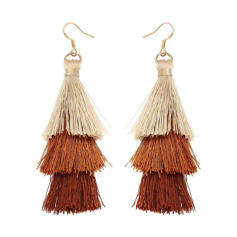 Women's  Bohemian Tassel Earrings Hand-made Three Layers Different Color Ear Drop Unique Gift