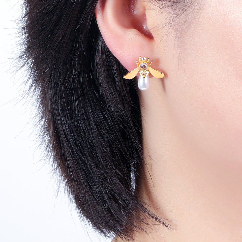 Cute Bees Ear Stud Luxury Gold Plated Gemstone Pearl Earring